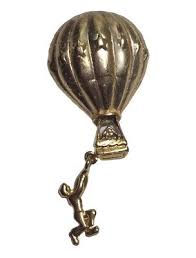Hot Air Balloon Brooch Vtg Gold Tone Glossy Man Hanging ...