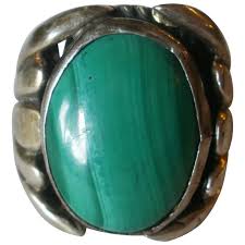 Vintage Sand Cast Sterling Malachite Hand Made Men's Ring ~9. For Sale at Ruby Lane