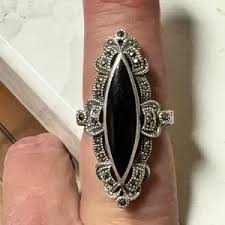 Vintage | Jewelry | Vintage Marquise Black Onyx Marcasite Sterling Silver Ring | Poshmark