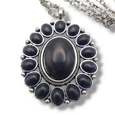 Black Cabachon Floral Pendant Silver Tone Chain Adjustable Length | eBay