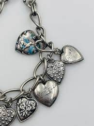 Antique Victorian Sterling Silver Enamel 13 Puffy Heart Charm Padlock Bracelet | eBay