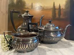 Antique Georgian 3 Pc Silver Tea Service / Ebonized Handle + ...