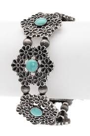 Turquoise Flower Engraved Western Bracelet Silver Style ...