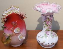 Lot - Two Victorian Style Decorated Glass Vases H of tallest ...