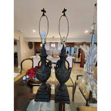 1970s Mid-Century Black Metal Cherub on Urn Lamps - a Pair | Chairish