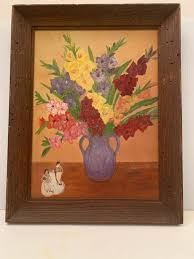 Vintage MCM Mid-century 1950s 1960s Primitive Wood Framed Flowers Vase Signed Painting Elaine Davis - Etsy