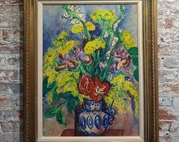 Pauline Polk -still Life of Red & Yellow Flowers in a Blue Vase- Painting - Etsy