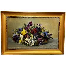 Early 20th Century Oil Painting Still Life "Pansies" Flowers By Emma . For Sale at Ruby Lane