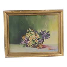 Vintage Framed Still Life of Flowering Primroses Flowers on Pot | Chairish