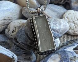 Chunky Sterling Silver Seaglass Pendant Necklace, Rectangular Boho Sea Glass Necklace for Her, Waterproof Necklace, Beach-lover Gift - Etsy