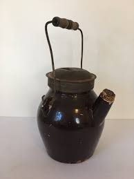 GREAT EARLY ANTIQUE BROWN SLIP STONEWARE BATTER JUG TIN LID ...