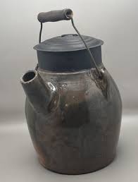 Primitive Stoneware Batter Jug Crock Metal Lid Wood Handle ...