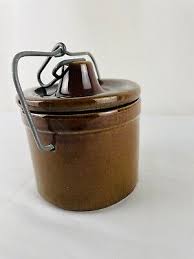 Brown Glazed Stoneware Butter Cheese Crock With Wire & Lid ...