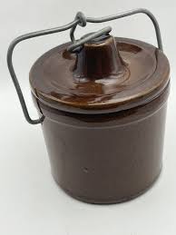Vintage Brown Glazed Stoneware Butter Cheese Crock Wire Bail ...