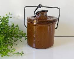 Vintage Small Brown Pottery Crock With Lid and Metal Holder ...