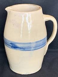 Vintage Pitcher Stoneware Pottery Crock Blue Band Line 9” Cottage Farm Decor | eBay