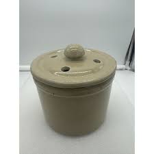 Vintage Stoneware Crock with Holes in Lid Garlic Onion Holder