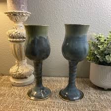 Unk | Dining | 2 Stoneware Goblets Blue Green Glaze Footed Chalices Handmade Artist Signed Mr | Poshmark