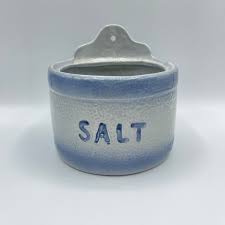 Vintage Stoneware Salt Box: Blue Pottery Wall Hanging ...