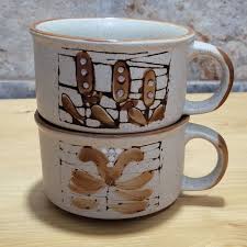 VTG Coffee Soup Mugs Floral Tan Brown Stoneware Set of 2 - Etsy