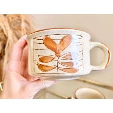 Buy Vintage 70s Cottagecore Stoneware Stackable Mugs: Brown Floral Farmhouse Decor Pair Online in India - Etsy