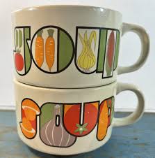 Vtg Stackable Pair Stoneware Soup Cup Mugs Retro 70's Word ...