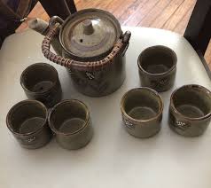 Vintage Stoneware Crock Teapot W Wicker Handle & 6 Handleless Cups | eBay