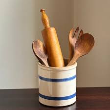 Antique Blue Stripe Stoneware Kitchen Crock / Utensil Holder | Chairish