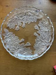 Glass Short Platter Frosted Leaves Roses Floral Scalloped ...