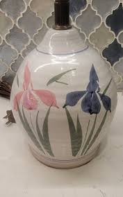 Vintage Glazed Pottery lilly iris flowers TABLE LAMP MCM ...