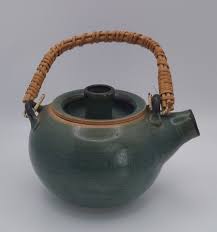 Pottery Tea Pot Handmade Signed Glazed Interior Ratan Handle Green | eBay
