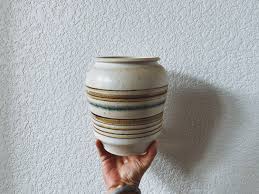 Vintage Cream Ceramic Vase With Warm Tone Line Glazes ...