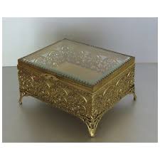 Vintage Gold Footed Hinged Filigree Jewelry Box Beveled ...
