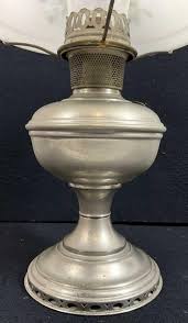 Sold at Auction: Aladdin Pewter Oil Lamp & Fenton Milk Glass Shade
