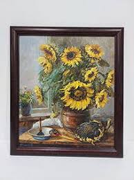 Sunflowers Oil On Board Painting Signed Hh