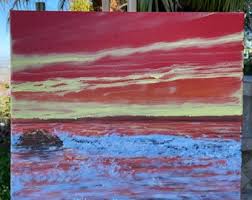 Original Orange Sky Oil Painting: Calm Ocean Waves, 12x12 ...