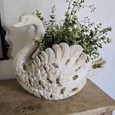 Aged White Swan Planter Moss Look Farmhouse Style Garden Patio Plants Pot Swan Decor Easter - Etsy