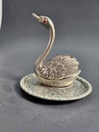 Vintage EP Zinc Alloy Silver Swan Ring Holder w/Ruby Crystal ...