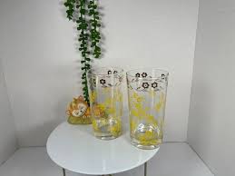 Mid Century Cocktail Glasses: Yellow Roses & Gold Daisy Rims ...