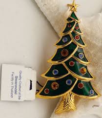 Swarovski Swan Mark Christmas Tree Brooch Pin Green Enamel ...