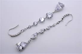 Bridal Dangle Earrings: Long Rhodium Plated CZ Teardrop ...