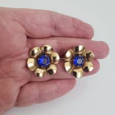 Mid Century Coro Gold Tone Flower Earrings With Blue ...