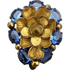 1930s Neiger Brothers Blue Crystal & Gilded Brass Dress Clip ...