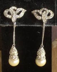 White Faux Pearl, Rhinestone Dangle Clip Earrings, Silver ...