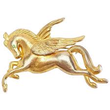 Flying horse Pegasus large vintage gold tone metal and green ...