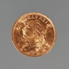 Sold at Auction: 1947 HELVETIA SWISS 20 FRANC GOLD COIN