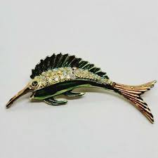 Swordfish Marlin Brooch Vintage Art Deco Pin Gold tone Enamel AB Crystal | eBay