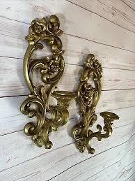 HOMCO Pair Vintage Wall Sconce Candle Holder Floral Gold Hollywood Regency USA | eBay