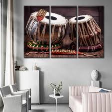 3 Panel Wall Art TTabla Drums and Bells for Indian Dancing on Wooden Background Modern Home Decor Bathroom Wall Decor Cute Flower Wall Decor Living Room Framed Ready to Hang (42"Wx28"H) :
