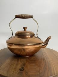 ODI ANTIQUE COPPER TEA POT KETTLE W/ LID Wooden Handle Solid ...
